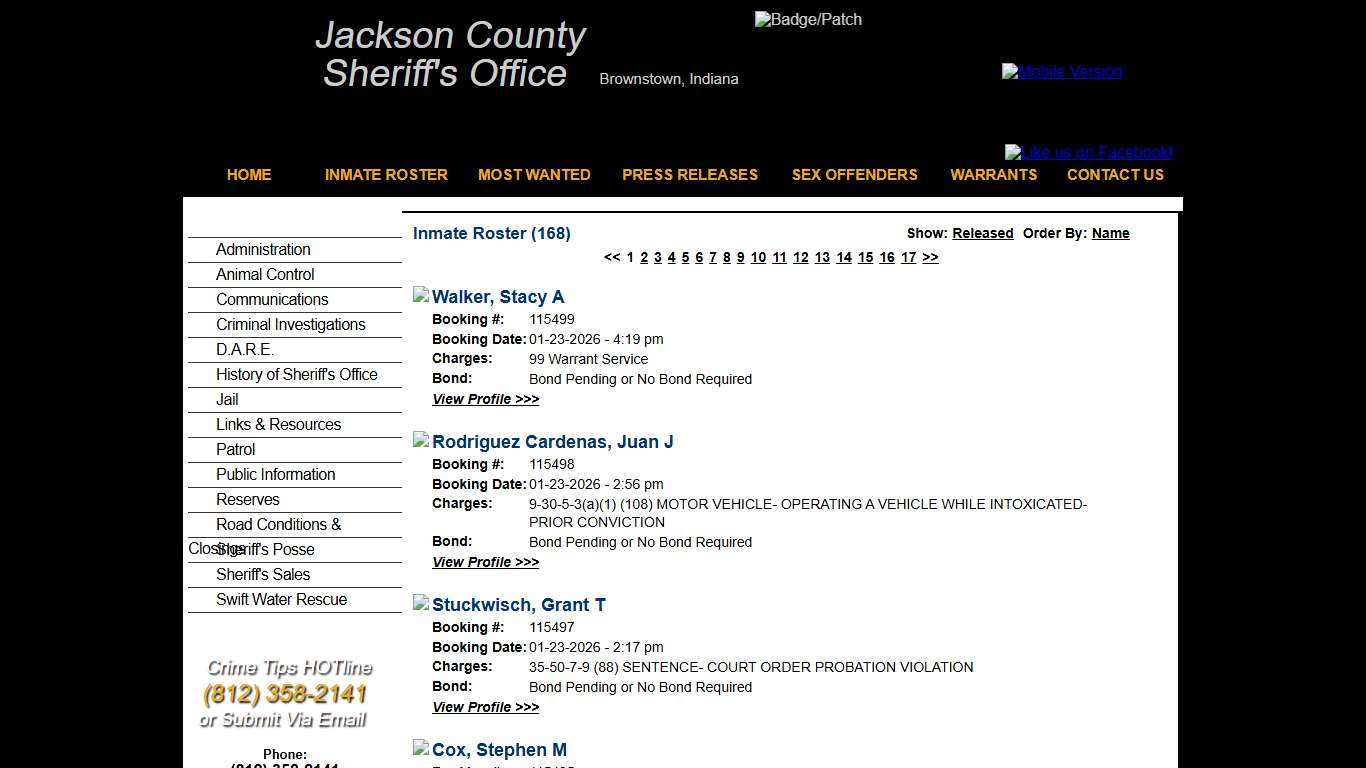 Inmate Roster - Current Inmates Booking Date Descending - Jackson County IN Sheriff